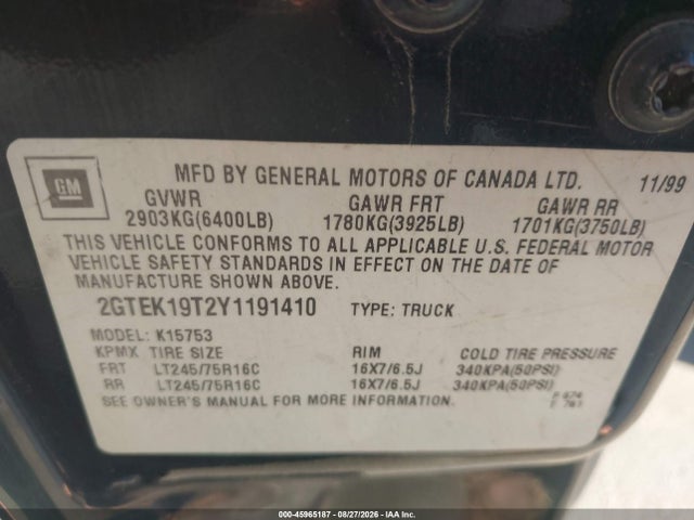 Aukcja sprzedaży 2000 Gmc Sierra 1500 Sle, vin: 2GTEK19T2Y1191410, numer aukcji: 45965187
