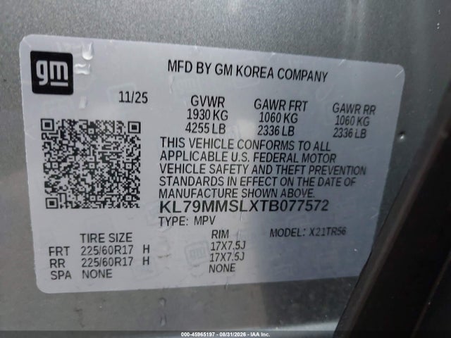 Aukcja sprzedaży 2026 Chevrolet Trailblazer Fwd Ls, vin: KL79MMSLXTB077572, numer aukcji: 45965197
