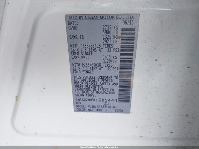 45965200 :رقم المزاد ، 5N1AR2MM9FC685444 vin ، 2015 Nissan Pathfinder Sv مزاد بيع