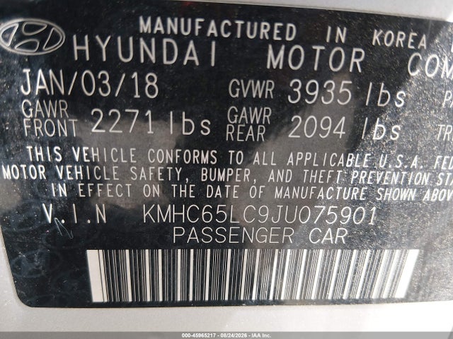 Aukcja sprzedaży 2018 Hyundai Ioniq Hybrid Blue, vin: KMHC65LC9JU075901, numer aukcji: 45965217