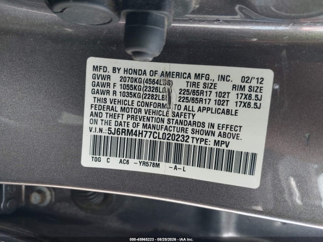 Продаж на аукціоні авто 2012 Honda Cr-v Ex-l, vin: 5J6RM4H77CL020232, номер лоту: 45965223