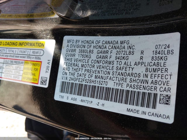 2025 Honda Civic Sport მანქანა იყიდება აუქციონზე, vin: 2HGFE2F52SH515270, აუქციონის ნომერი: 45965225