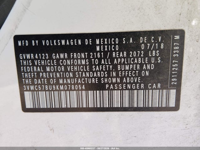 45965227 :رقم المزاد ، 3VWC57BU9KM078054 vin ، 2019 Volkswagen Jetta 1.4t R-line/1.4t S/1.4t Se مزاد بيع
