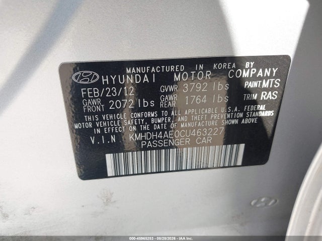 2012 Hyundai Elantra Limited (ulsan Plant) მანქანა იყიდება აუქციონზე, vin: KMHDH4AE0CU463227, აუქციონის ნომერი: 45965253