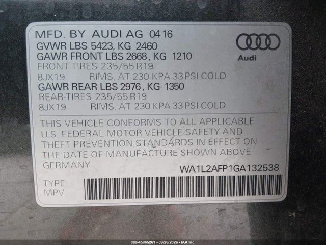 Aukcja sprzedaży 2016 Audi Q5 2.0t Premium, vin: WA1L2AFP1GA132538, numer aukcji: 45965261