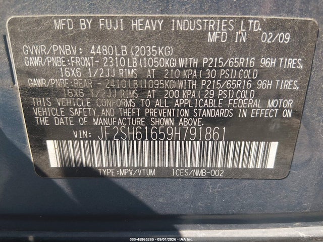 Продаж на аукціоні авто 2009 Subaru Forester 2.5x, vin: JF2SH61659H791861, номер лоту: 45965265