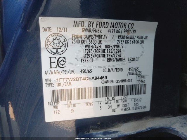 45965277 :رقم المزاد ، 1FT7W2BT4CEA94469 vin ، 2012 Ford Super Duty F-250 Srw Xlt مزاد بيع