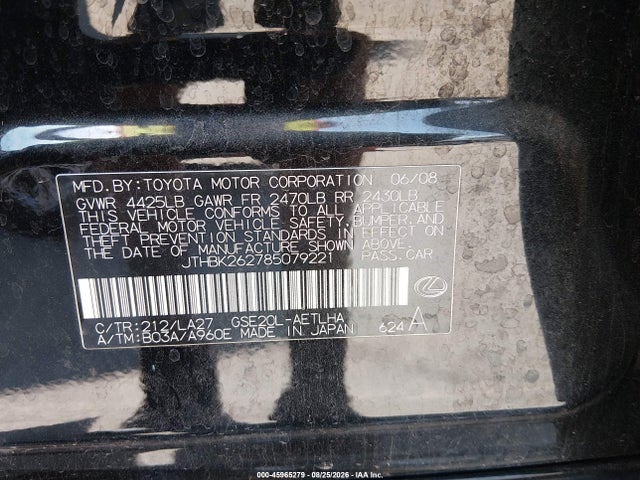 Aukcja sprzedaży 2008 Lexus Is 250, vin: JTHBK262785079221, numer aukcji: 45965279