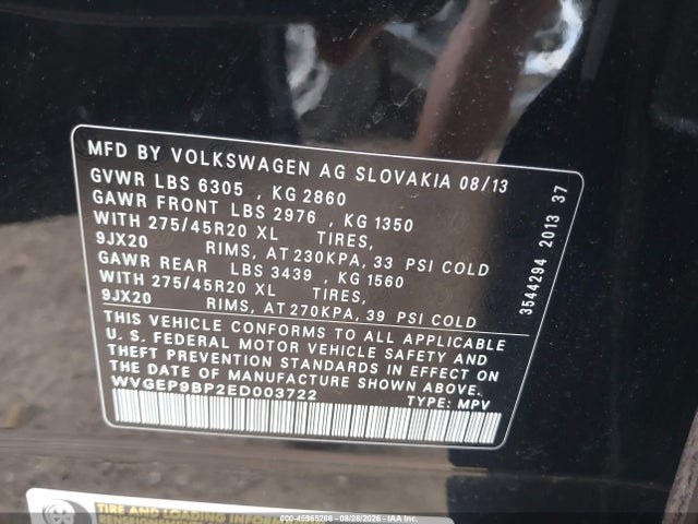 Продажа на аукционе авто 2014 Volkswagen Touareg Tdi Executive, vin: WVGEP9BP2ED003722, номер лота: 45965286