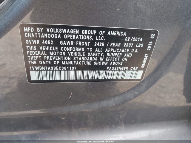 2014 Volkswagen Passat 2.0l Tdi Se მანქანა იყიდება აუქციონზე, vin: 1VWBN7A33EC081137, აუქციონის ნომერი: 45965293