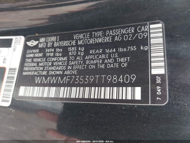 Продажа на аукционе авто 2009 Mini Cooper S, vin: WMWMF73539TT98409, номер лота: 45965294