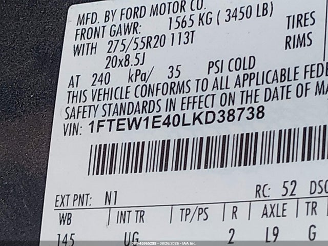 Aukcja sprzedaży 2020 Ford F-150 Xlt, vin: 1FTEW1E40LKD38738, numer aukcji: 45965299