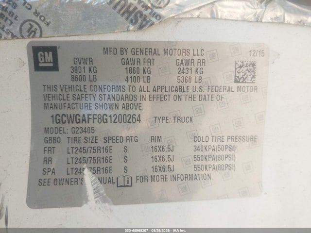 Aukcja sprzedaży 2016 Chevrolet Express 2500 Work Van, vin: 1GCWGAFF8G1200264, numer aukcji: 45965307