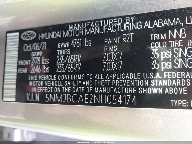 45965312 :رقم المزاد ، 5NMJBCAE2NH054174 vin ، 2022 Hyundai Tucson Sel مزاد بيع