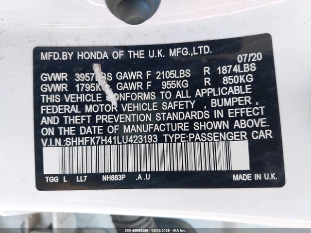 Honda Civic Sport 2020 SHHFK7H41LU423193 Image 9