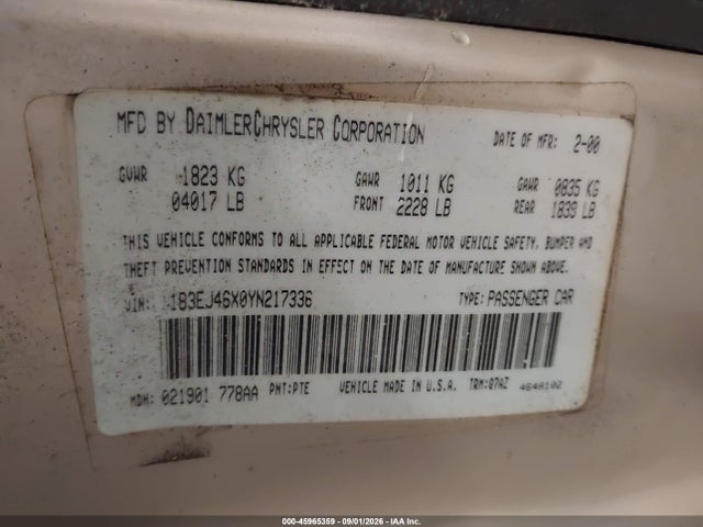45965359 :رقم المزاد ، 1B3EJ46X0YN217336 vin ، 2000 Dodge Stratus Se مزاد بيع