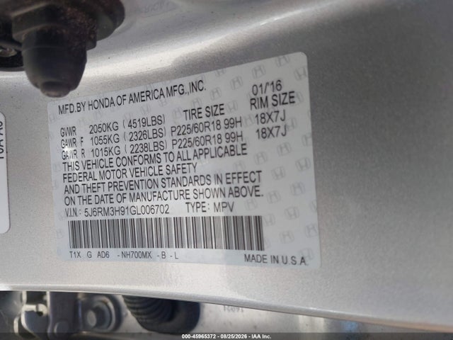 Aukcja sprzedaży 2016 Honda Cr-v Touring, vin: 5J6RM3H91GL006702, numer aukcji: 45965372