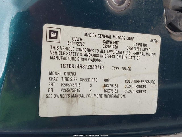 45965374 :رقم المزاد ، 1GTEK14R8TZ538119 vin ، 1996 Gmc Sierra K1500 مزاد بيع