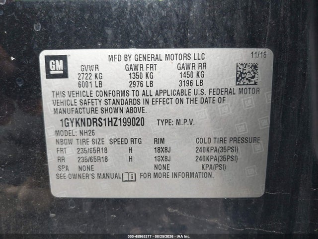 Auction sale of the 2017 Cadillac Xt5 Luxury, vin: 1GYKNDRS1HZ199020, lot number: 45965377