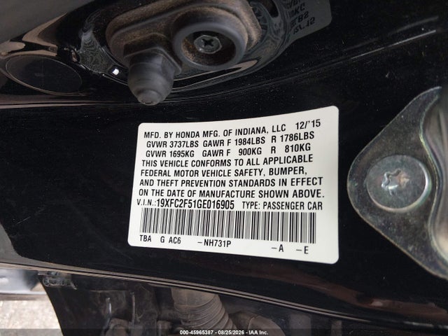 2016 Honda Civic Lx მანქანა იყიდება აუქციონზე, vin: 19XFC2F51GE016905, აუქციონის ნომერი: 45965387