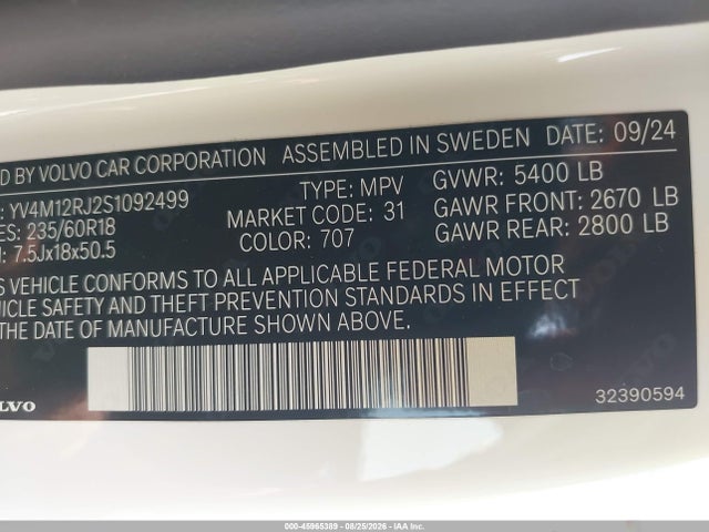 Aukcja sprzedaży 2025 Volvo Xc60 B5 Core, vin: YV4M12RJ2S1092499, numer aukcji: 45965389