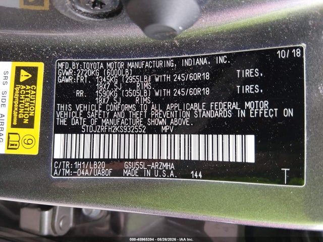 Toyota Highlander Xle 2019 5TDJZRFH2KS932552 Image 9