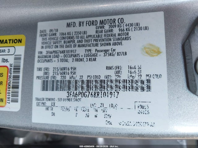 2019 Ford Fusion S მანქანა იყიდება აუქციონზე, vin: 3FA6P0G76KR101917, აუქციონის ნომერი: 45965406