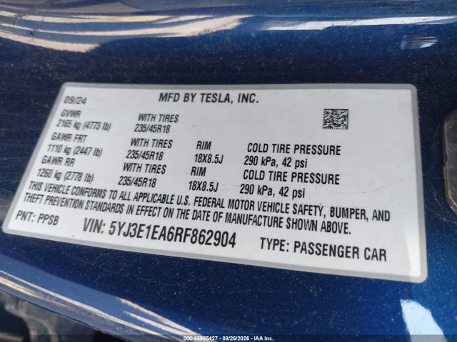 45965427 :رقم المزاد ، 5YJ3E1EA6RF862904 vin ، 2024 Tesla Model 3 Long Range Dual Motor All-wheel Drive/rear-wheel Drive مزاد بيع