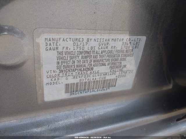 45965436 :رقم المزاد ، 3N1CN7AP1HL842639 vin ، 2017 Nissan Versa 1.6 S مزاد بيع