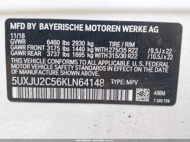 Aukcja sprzedaży 2019 Bmw X5 Xdrive50i, vin: 5UXJU2C56KLN64148, numer aukcji: 45965445