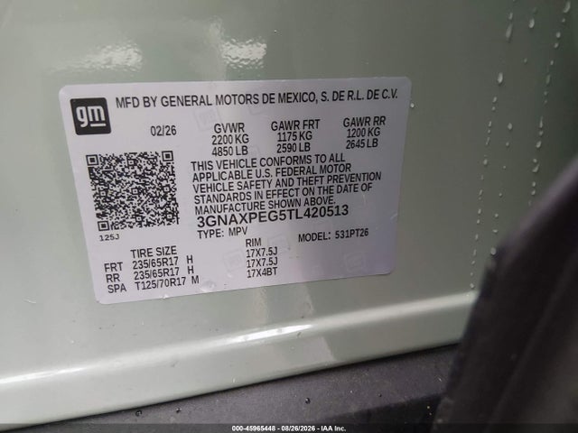 2026 Chevrolet Equinox Awd Lt მანქანა იყიდება აუქციონზე, vin: 3GNAXPEG5TL420513, აუქციონის ნომერი: 45965448