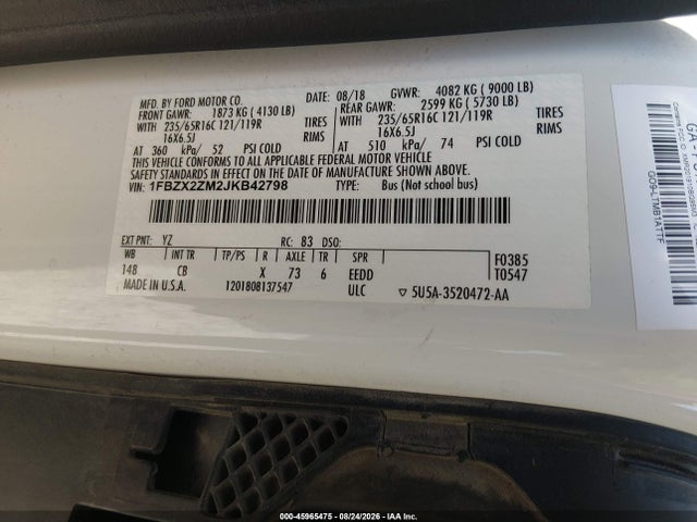 45965475 :رقم المزاد ، 1FBZX2ZM2JKB42798 vin ، 2018 Ford Transit-350 Xl مزاد بيع