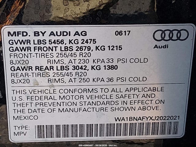 2018 Audi Q5 2.0t Premium/2.0t Tech Premium მანქანა იყიდება აუქციონზე, vin: WA1BNAFYXJ2022021, აუქციონის ნომერი: 45965487
