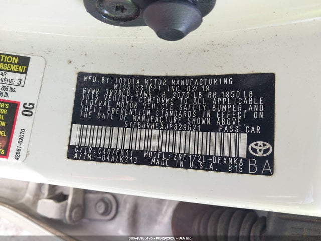 Продажа на аукционе авто 2018 Toyota Corolla Le, vin: 5YFBURHEXJP829621, номер лота: 45965495