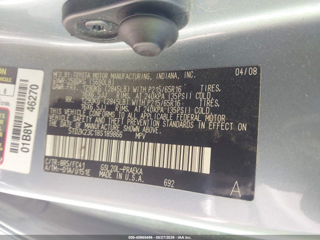 Продажа на аукционе авто 2008 Toyota Sienna Le, vin: 5TDZK23C18S189866, номер лота: 45965496