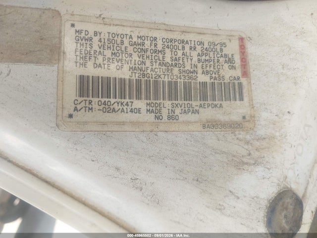 45965502 :رقم المزاد ، JT2BG12K7T0343362 vin ، 1996 Toyota Camry Dx/le/xle مزاد بيع