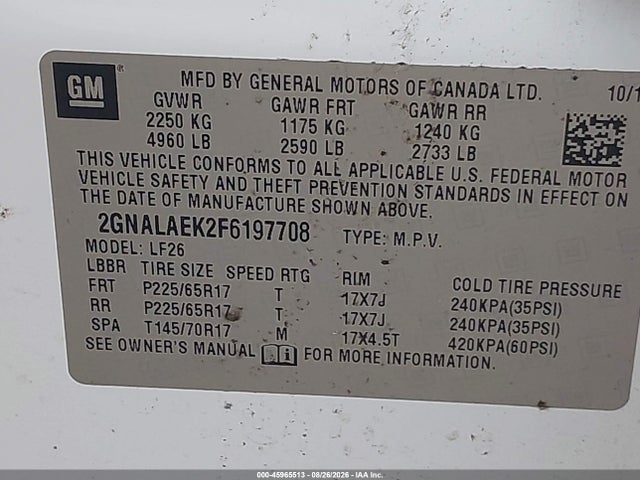 45965513 :رقم المزاد ، 2GNALAEK2F6197708 vin ، 2015 Chevrolet Equinox Ls مزاد بيع