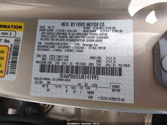 2018 Ford Fusion Hybrid S მანქანა იყიდება აუქციონზე, vin: 3FA6P0UU5JR141995, აუქციონის ნომერი: 45965515