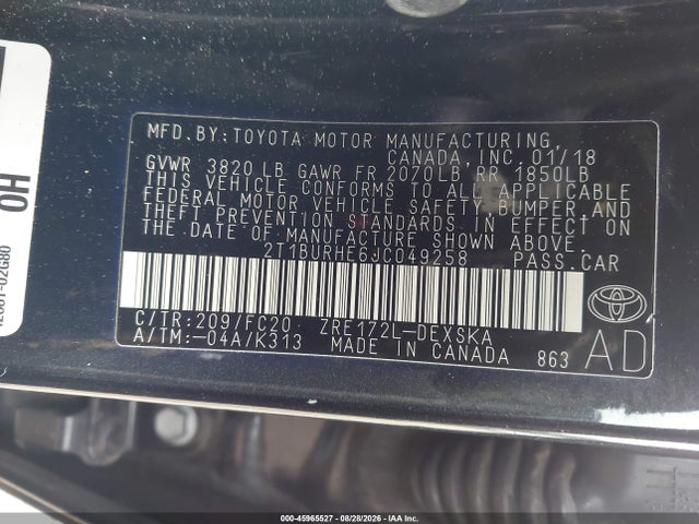 Aukcja sprzedaży 2018 Toyota Corolla Se, vin: 2T1BURHE6JC049258, numer aukcji: 45965527