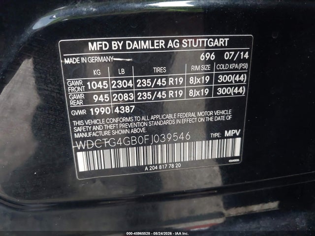 Aukcja sprzedaży 2015 Mercedes-benz Gla 250 4matic, vin: WDCTG4GB0FJ039546, numer aukcji: 45965528