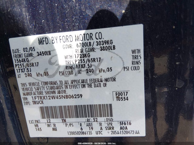 Aukcja sprzedaży 2005 Ford F-150 Stx/xl/xlt, vin: 1FTRX12W45NB06259, numer aukcji: 45965529