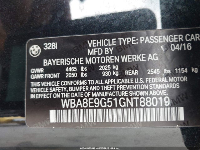 BMW 328I 2016 WBA8E9G51GNT88019 Image 9