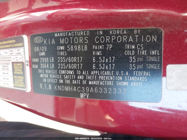 Aukcja sprzedaży 2010 Kia Sedona Ex, vin: KNDMH4C39A6332332, numer aukcji: 45965575