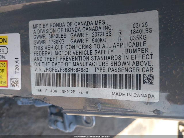 Продаж на аукціоні авто 2025 Honda Civic Sport, vin: 2HGFE2F56SH584883, номер лоту: 45965582