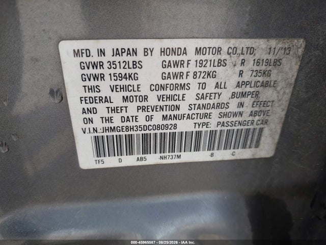 2013 Honda Fit მანქანა იყიდება აუქციონზე, vin: JHMGE8H35DC080928, აუქციონის ნომერი: 45965587
