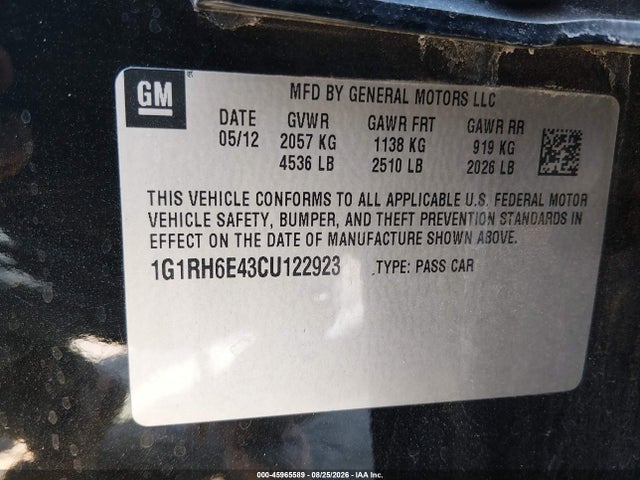 45965589 :رقم المزاد ، 1G1RH6E43CU122923 vin ، 2012 Chevrolet Volt مزاد بيع