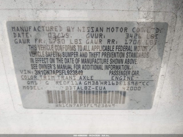 3N1CN7AP5FL923849 Nissan Versa 1.6 Sv