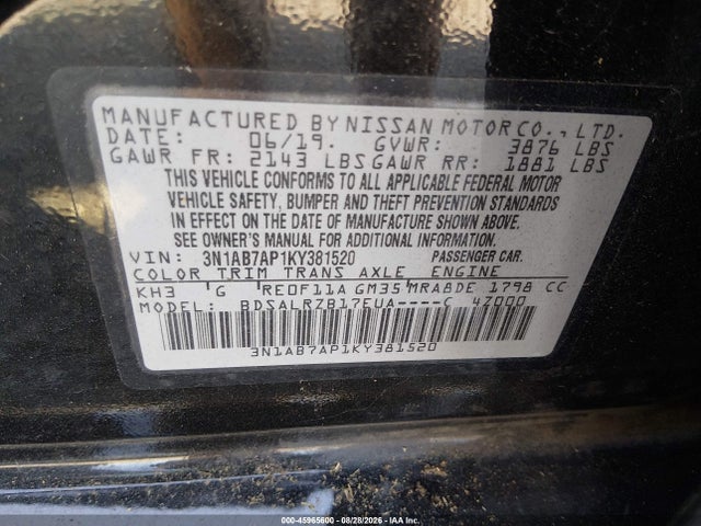 2019 Nissan Sentra Sr მანქანა იყიდება აუქციონზე, vin: 3N1AB7AP1KY381520, აუქციონის ნომერი: 45965600
