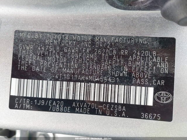 Aukcja sprzedaży 2021 Toyota Camry Se, vin: 4T1G11AK4MU455431, numer aukcji: 45965616