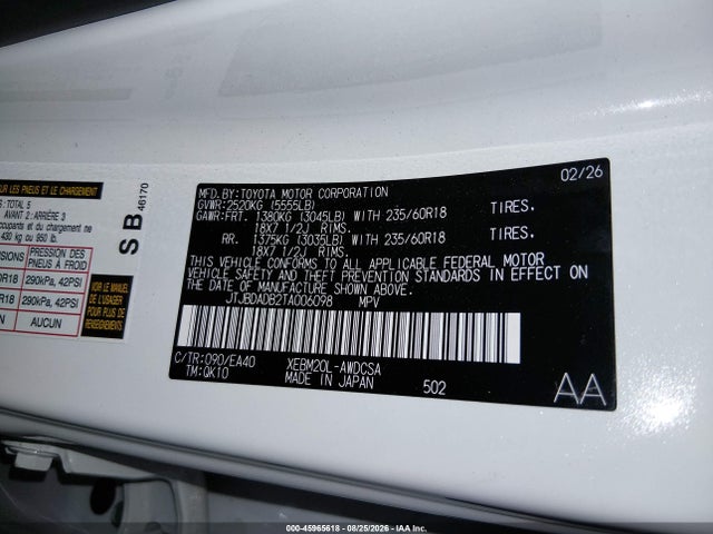 Aukcja sprzedaży 2026 Lexus Rz 350e, vin: JTJBDADB2TA006098, numer aukcji: 45965618